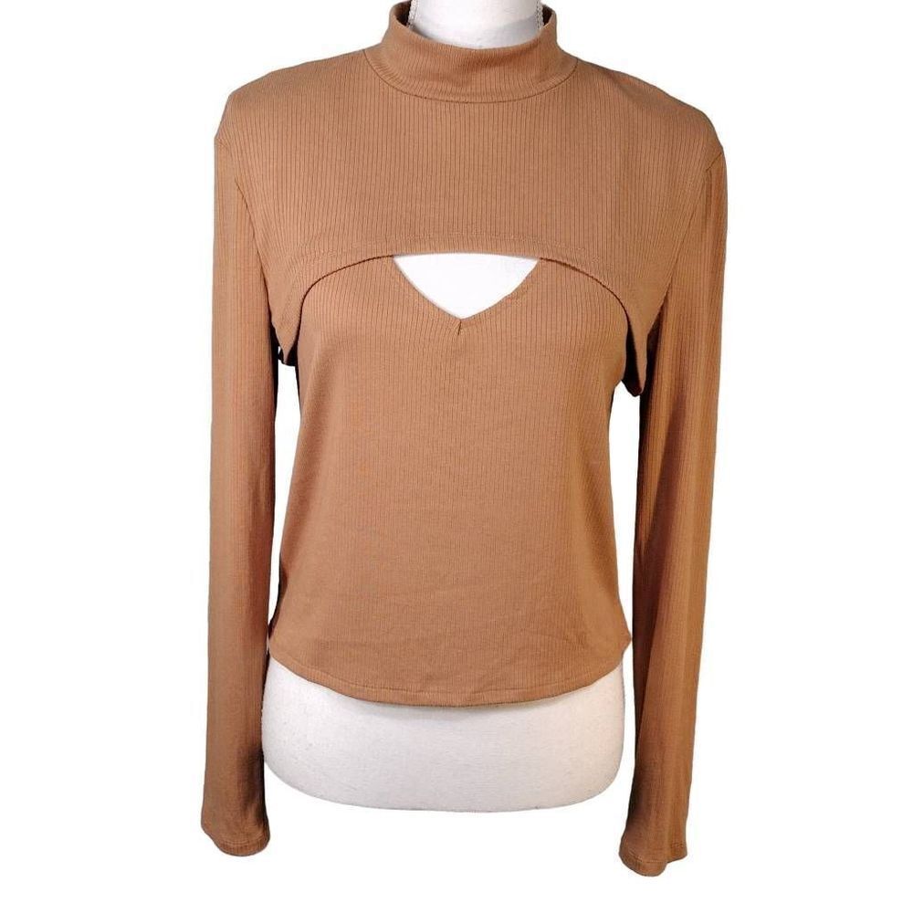 Elodie Tan Layered Cropped Cutout Long Sleeve Top XL